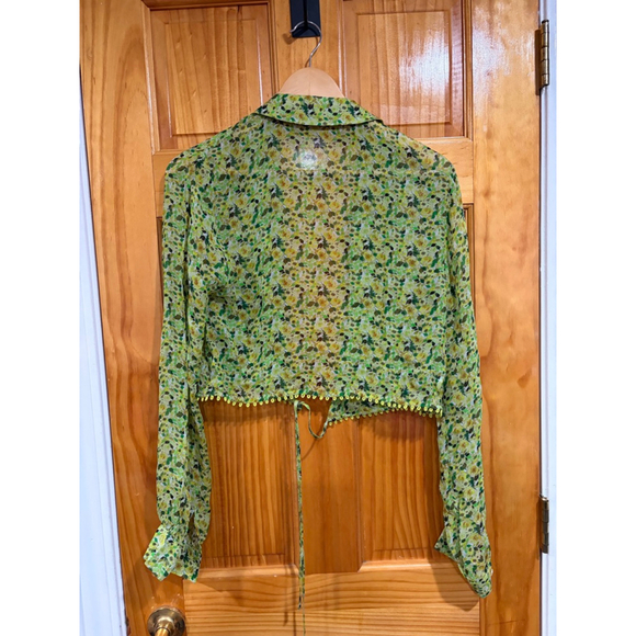 Favorite Daughter Sheer Floral Tie Front Blouse S Green Yellow Long Sleeve Top - Picture 3 of 5